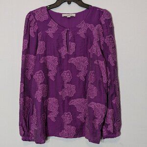 LOFT Lavender w Floral Lace Applique Long Sleeve Lined Tunic Top; Size L